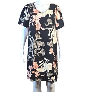 Nicole Miller Original Linen Blend Black & Peach Tropical Floral Shift Dress